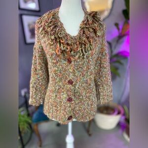 Hannah Multicolor Chinky knit Fringe Collar Button-Up Cardigan size Large